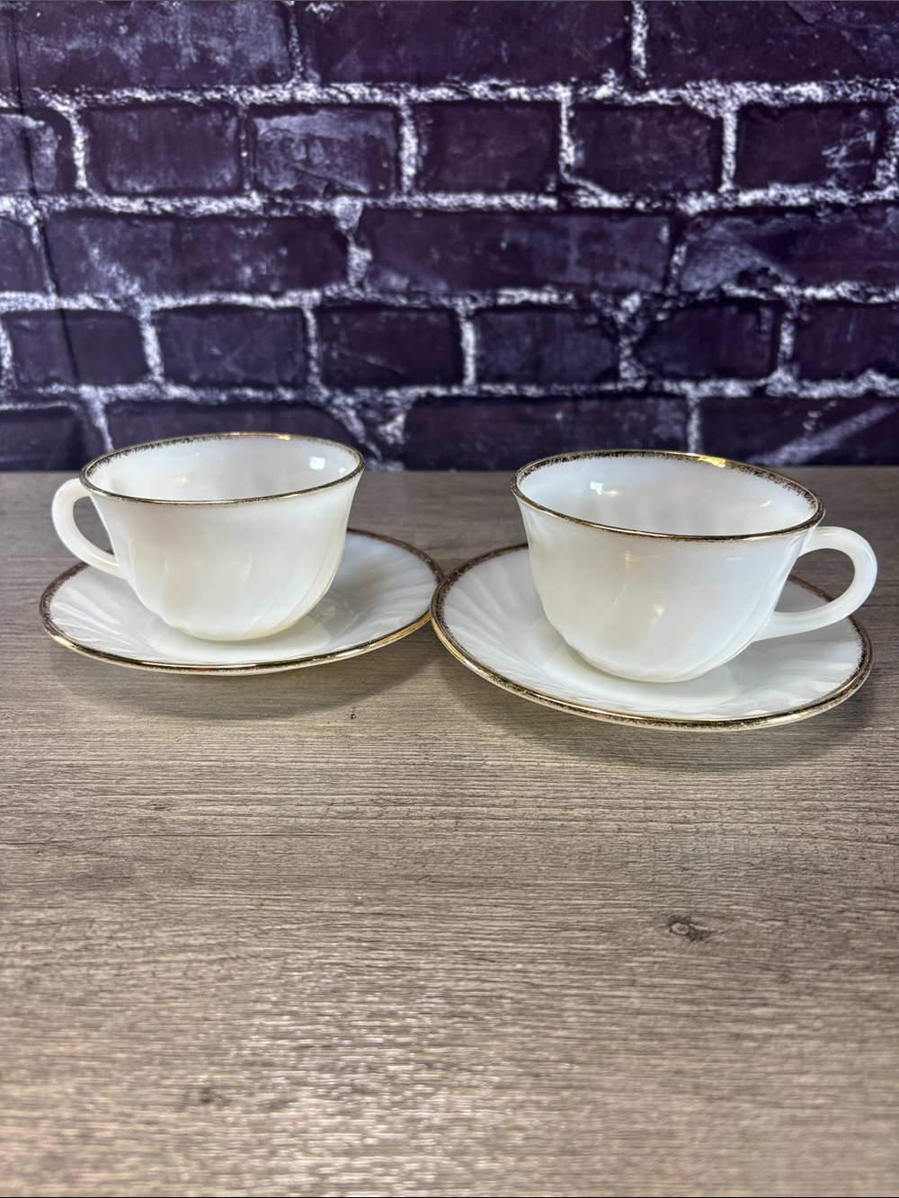 Vintage Fire King Golden Anniversary Milk  Glass Cups and Saucers